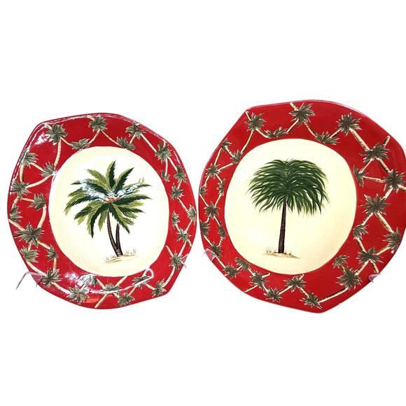 Pacific Rim Hand Painted Octagon Tropical Palm Trees China RED - Picture 1 of 5